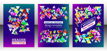 Geometric triangle shape brochure background. Chaotic colorful cover report design. Modern triangle pattern flyer. Colorful mixed geometric shapes for folder. Vector eps 10のイラスト素材