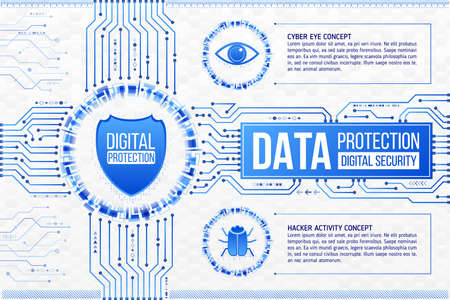Digital technology concept of background with shield, eye and hacker bug. Circuit board background. Hi-tech electronic wires. Abstract information security. Modern safety digital background.のイラスト素材