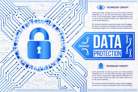 Digital technology concept of background with a padlock. Circuit board background. Hi-tech electronic wires. Abstract information security. Modern safety digital background.のイラスト素材