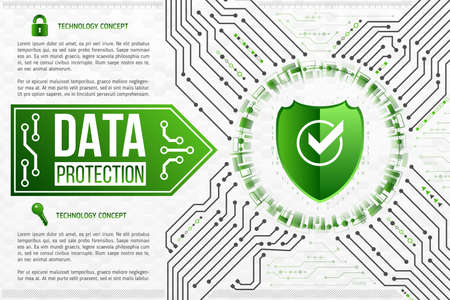 Digital technology concept of background with a shield. Circuit board background. Hi-tech electronic wires. Abstract information security. Modern safety digital background.のイラスト素材