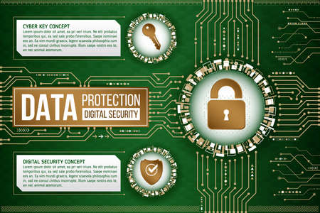 Digital technology concept of background with padlock, key and shield. Circuit board background....