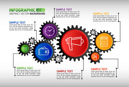 Abstract gears infographic. Mechanism with integrated gears and icons for business presentations or information banner. Modern design of background esp 10のイラスト素材