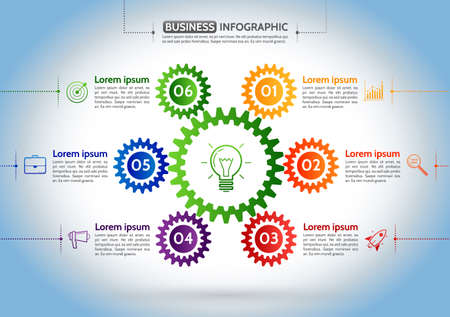 Infographic design template with gear chain. Colorful gear symbol with number, icons and Information text.のイラスト素材