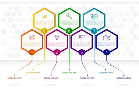 Infographics template with seven hexagon elements. Abstract colorful business hexagons with text and icons. Vector illustration eps 10のイラスト素材