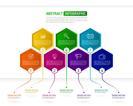 Infographics template with seven hexagon elements. Abstract colorful business hexagons with text and icons. Vector illustration eps 10のイラスト素材