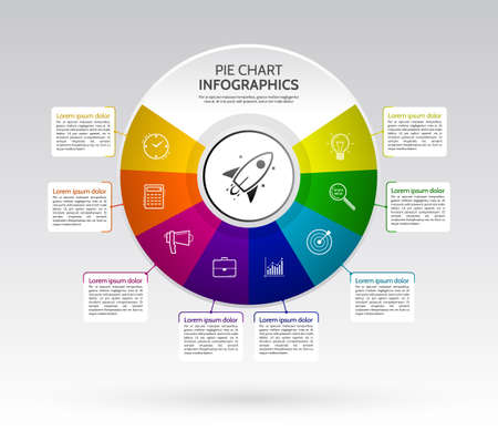 Abstract pie chart graphic for business design. Template circle with 8 steps, icons and text boxes. Vector illustration esp 10.のイラスト素材