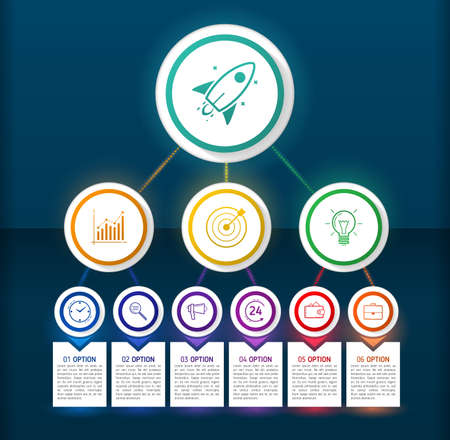 Dark circle design infographic elements with lines, icons and text blocks. Organization chart template. Black abstract workflow layout.のイラスト素材
