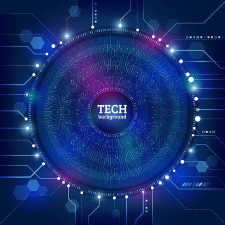 Hi-tech computer technology on the blue background. Abstract radial circuit texture. Futuristic technology structure elements. Vector illustration esp 10.のイラスト素材