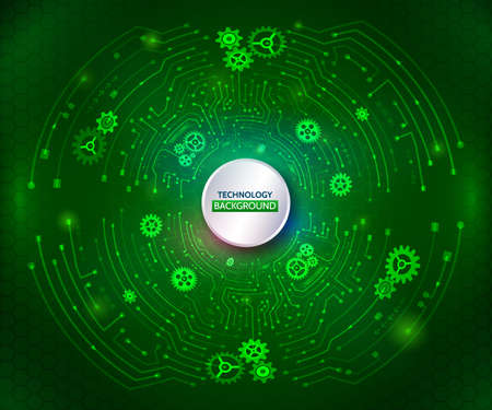 Abstract technology communication on the green background. Hi-tech radial circuit board with various technological elements. Modern vector illustrationのイラスト素材
