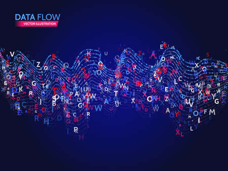 Dynamic waves technology concept. Abstract data flow background with letters code.  Stream information.のイラスト素材