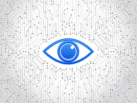 Abstract high tech circuit board. Eye cyber security concept. Network data protection background. Search and analysis of information.のイラスト素材