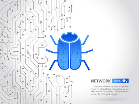 Abstract high tech circuit board with hacker bug. Hacking and cyber crime. Personal data security concept. Network security technology. Computer virus attackのイラスト素材