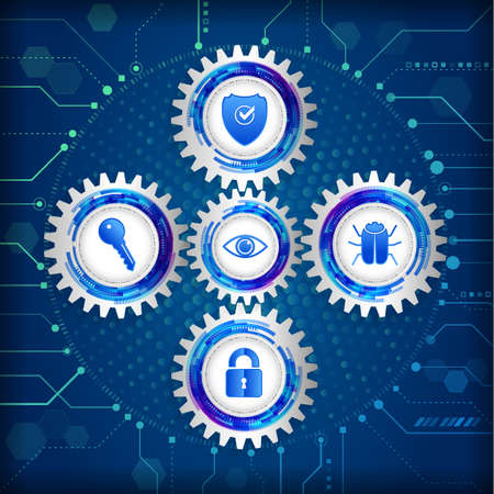Abstract safety mechanism which is made of gears, icons eye, key, shield, hacker bug and padlock. Global network security on the circuit blue background. Digital technology protection concept.のイラスト素材