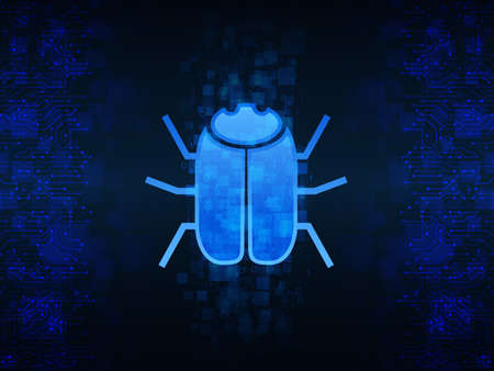 Abstract high tech circuit board with hacker bug on the dark background. Hacking and cyber crime....