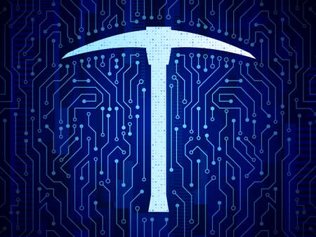 Abstract mining concept with pickaxe and circuit board. High-tech technology background. Futuristic...