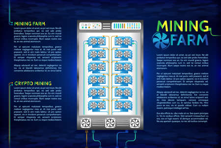 Electronic devices with fans. Abstract gpu video cards farm. IT hardware.Cryptocurrency mining conceptのイラスト素材