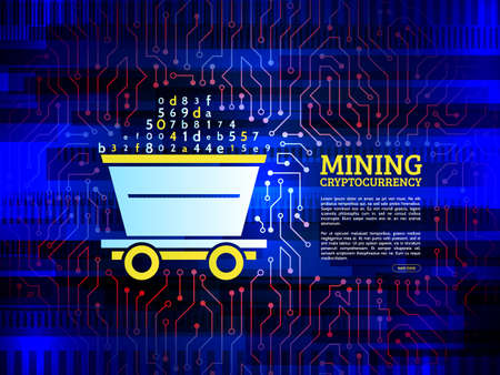 Abstract mining concept with trolley and circuit board texture. High-tech technology background.のイラスト素材