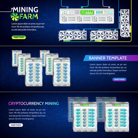 Cryptocurrency concept banner background with video card and fans. Mining farms. Digital money. High-tech technology vector illustration.のイラスト素材