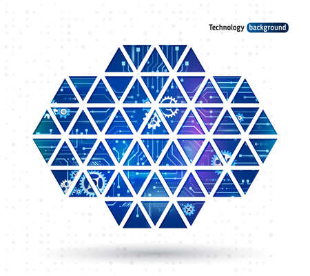 Abstract technology background with triangles and gear wheels. Hi-tech circuit board vector illustrationのイラスト素材