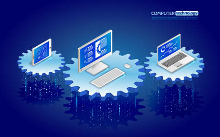 Analysis of information on laptop, tablet and pc. Monitoring and statistics data processing. Abstract analytics system isometric illustration. 3d landing page layout, web banner.のイラスト素材