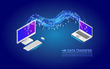 Data transfer from computer to laptop. Abstract virtual digital stream. Wireless  communications concept. Flowing binary code.のイラスト素材