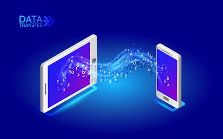 Data transfer from tablet to smartphone. Abstract virtual digital stream. Wireless  communications concept. Flowing binary code.のイラスト素材