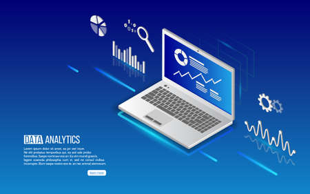 Analytics information on laptop. Big data analysis tools. Isometric design modern vector illustration.のイラスト素材