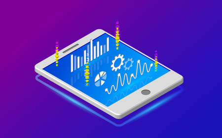 Analytics information on tablet. Big data analysis tools. Isometric design modern vector illustration.のイラスト素材
