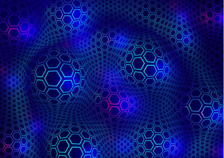 Abstract technical background of spheres and hexagons.   Perspective circle with the effect of glow and glare. Vector illustrationのイラスト素材