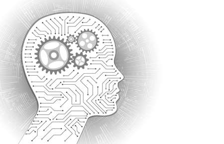 Technology background with circuit board and mechanism inside the head silhouette. Virtual engineering concept. Artificial intelligence.のイラスト素材