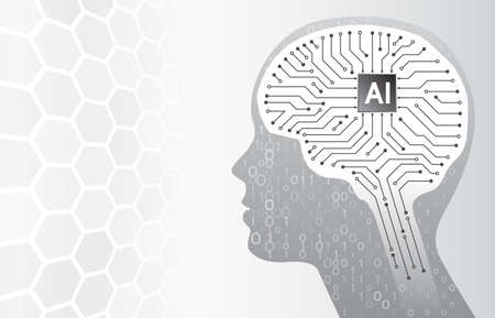 Artificial intelligence. Technology background with head silhouette and circuit board brain. Virtual...