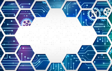 Cybernetic circuit board vector illustration. Futuristic composition for your text. Abstract technology background with hexagons and gear wheels, hi-tech elements.のイラスト素材