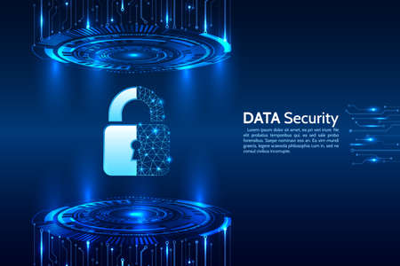 Data protection privacy concept. Padlock icon and internet technology networking connection. Cyber security internet and networking concept. Abstract circuit board.のイラスト素材