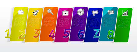 Modern Infographic template with 8 steps, icons for 8 options, colorful labels for business. Vector element can be used for workflow graph, chart, web layout.のイラスト素材