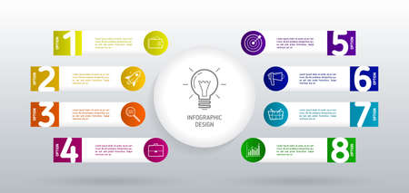Business process chart infographics with 8 steps in modern flat deign. Circle corporate workflow graphic elements. Company flowchart presentation slide template. Vector info graphic.のイラスト素材