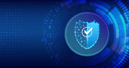 Data security system, information or network protection. Cyber security and data protection. Shield icon, future technology for verification. Abstract hi-tech design.のイラスト素材