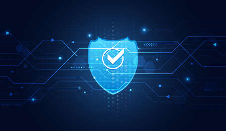 Cyber security and data protection. Shield icon, future technology for verification. Abstract circuit board. Data security system, information or network protection.のイラスト素材
