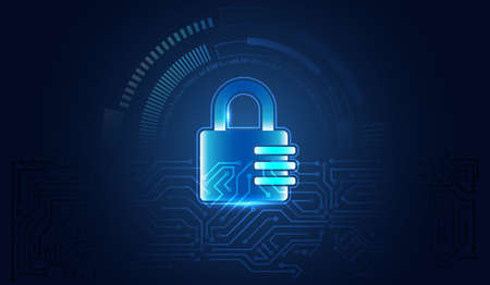 Abstract circuit board on the blue background. Data protection privacy concept. Futuristic padlock...