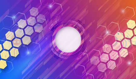 Futuristic blue background with hexagons and glowing technology lines. Colorful modern hi-tech illustration.のイラスト素材