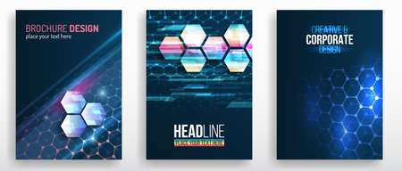 Vector technology templates for cover or brochure, flyer. Ðbstract futuristic background with hexagons and hi-tech elements. Science, future concept.のイラスト素材