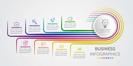 Horisontal infographic with thin lines and business icons with 8 options. Modern concept for diagram, timeline, brochure, infochart planning.のイラスト素材