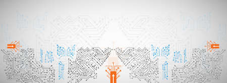 Hi tech circuit board design innovation concept. Abstract futuristic wide communication vector illustration. Sci fi technology on the gray background.のイラスト素材