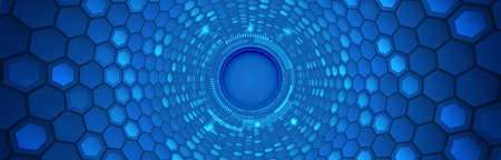 Hi-tech hexagons tunnel. Technology cover with hexagon elements. Wide Futuristic business layout.のイラスト素材