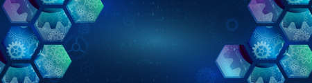 Abstract wide technology background with hexagons and gear wheels. Hi-tech circuit board vector...