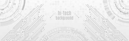 Hi-tech computer digital technology concept. Abstract technology communication vector illustration. Gray background with various technological elements.のイラスト素材