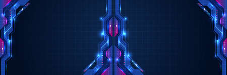 Digital poster templates. Technology or science design. Vector banner design with hexagons and circuit board abstract background. High tech design concept. Futuristic business layout.のイラスト素材