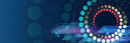 Big data visualization banner. Abstract background with circles array, binary code. Connection...