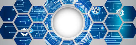 Big data visualization banner. Abstract background with circles array, binary code. Connection...