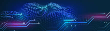 Hi tech circuit board design innovation concept. Abstract futuristic wide communication vector illustration. Sci fi technology on the blue background.のイラスト素材