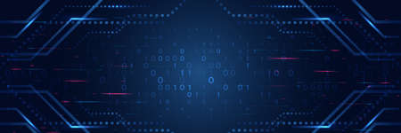 Hi tech circuit board design innovation concept. Abstract futuristic wide communication vector illustration. Sci fi technology on the blue background.のイラスト素材